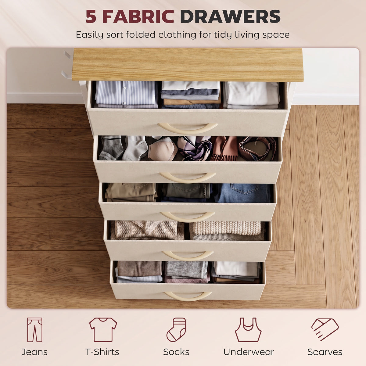 HOMCOM Chest of Drawers, Dresser with 5 Fabric Drawers, Tall Storage Unit with 4 Pockets and 2 Hooks Steel Frame, Beige