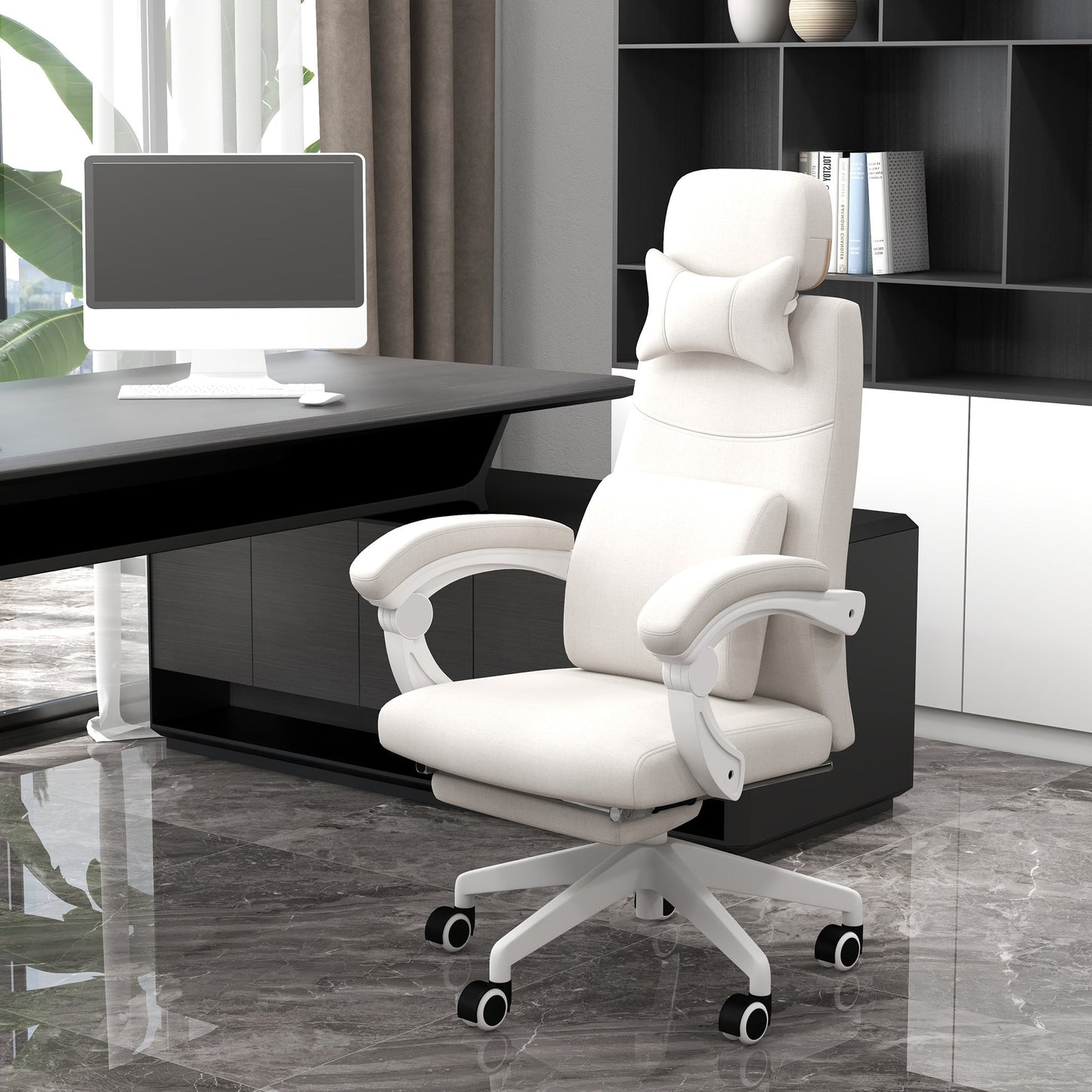 Vinsetto Linen-Look Office Chair, with 160¡ Reclining Back and Footrest - White