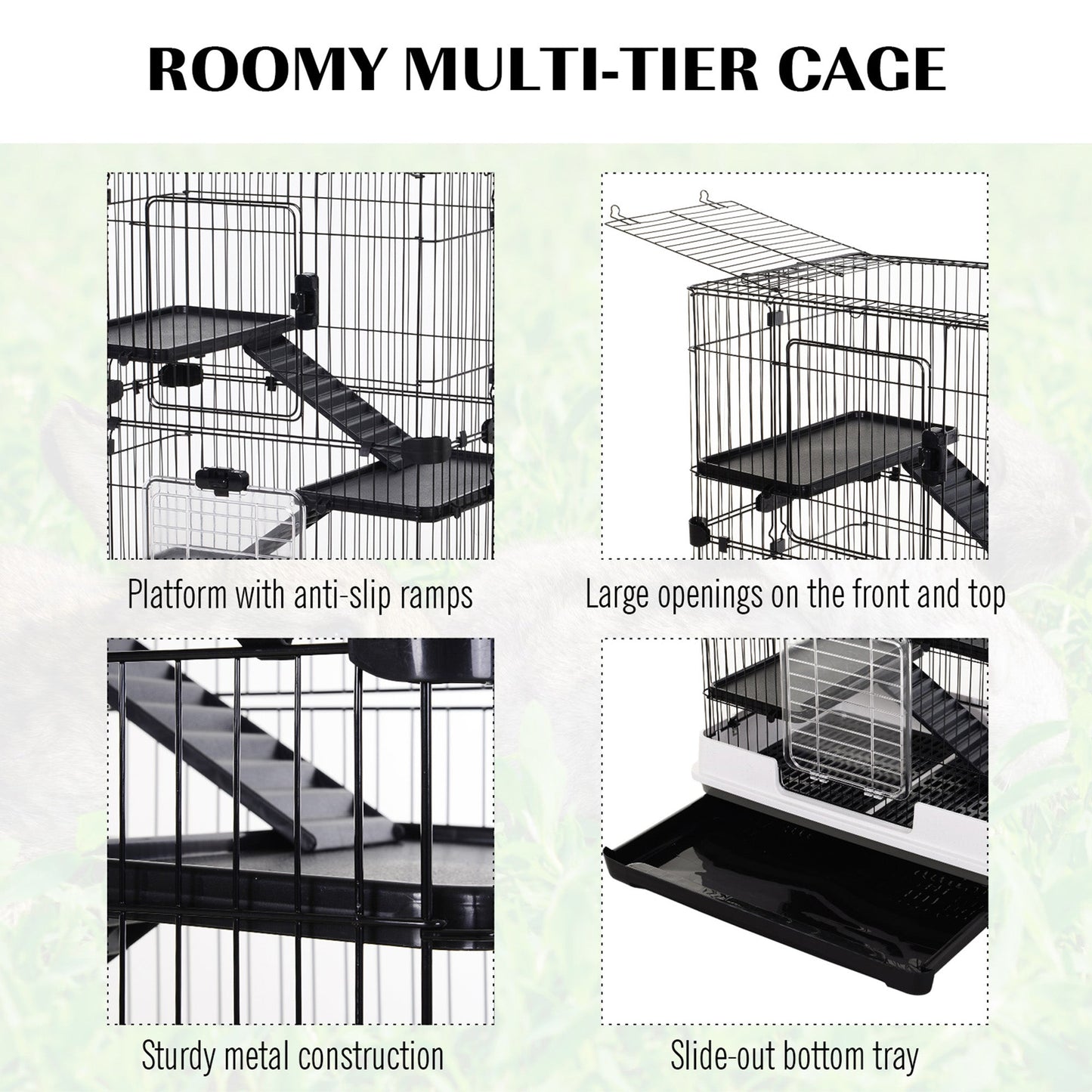 Pawhut 3 Tier Rolling Small Animal Rabbit Cage Chinchillas Hutch Pet Play House with Platform Ramp Removable Tray 81.2 x 52.7 x 110 cm