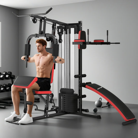SPORTNOW Multi Gym Workout Station, Weight Machine with 65kg Weight Stack, Sit Up Bench, Push Up Stand, Dip Station