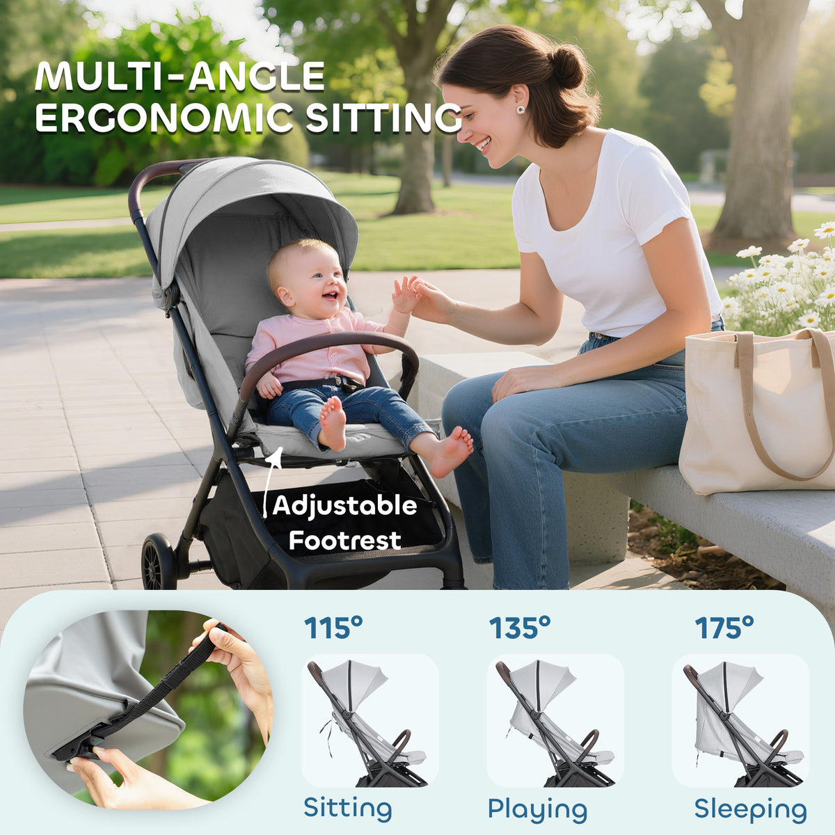 AIYAPLAY Foldable Baby Stroller with Adjustable Seat, 5-Point Harness, Canopy, Basket, 6.3kg Lightweight & Compact, Light Grey