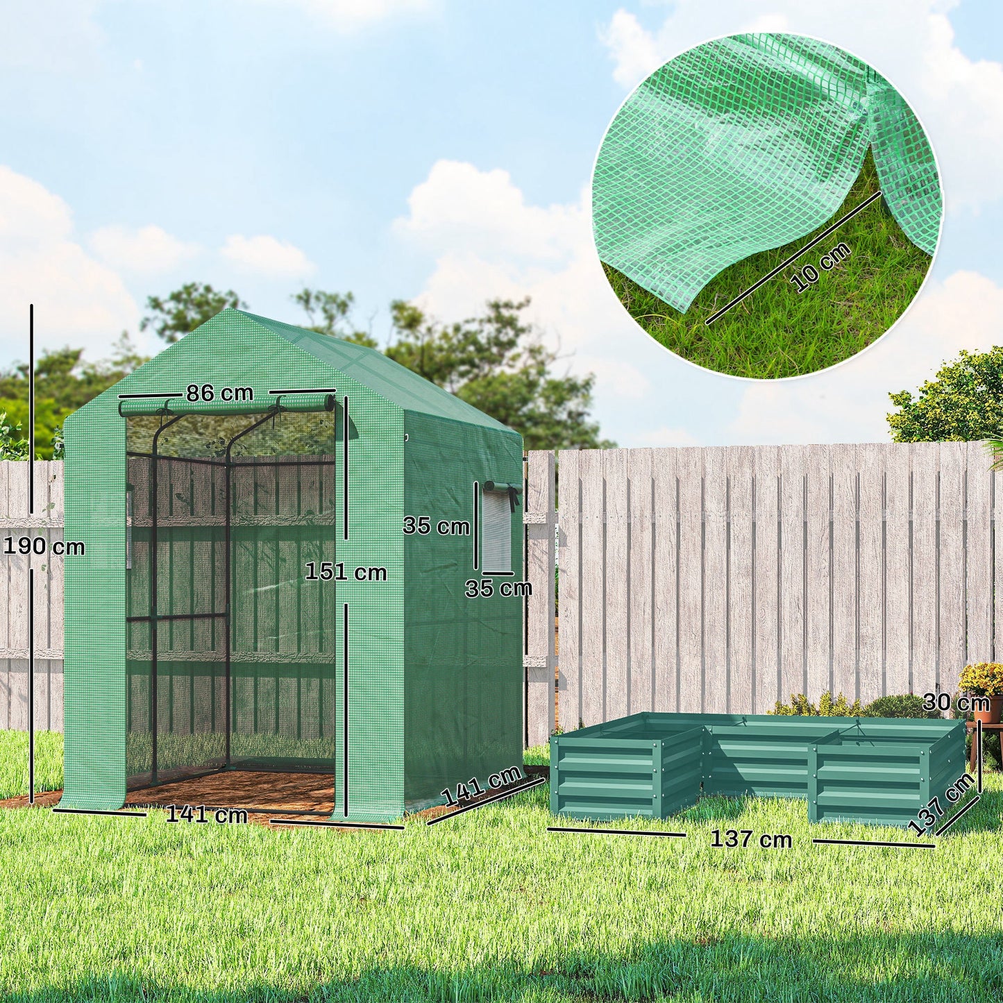 Outsunny Mini Greenhouse with Raised Garden Bed, Galvanised Walk-in Greenhouse with Roll Up Windows, 56" x 56" x 75", Green