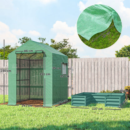 Outsunny Mini Greenhouse with Raised Garden Bed, Galvanised Walk-in Greenhouse with Roll Up Windows, 56" x 56" x 75", Green