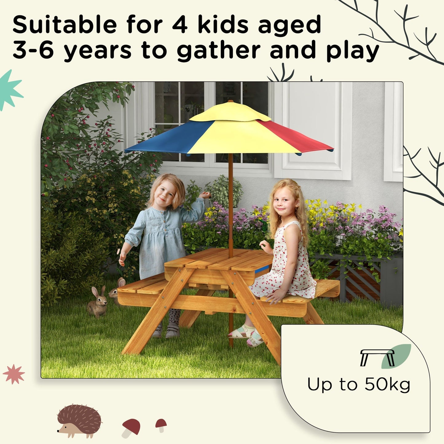 Outsunny Kids Picnic Table Set, 3 in 1 Sand Pit Activity Table, Kids Garden Furniture w/ Removable Parasol, for 3-6 Years