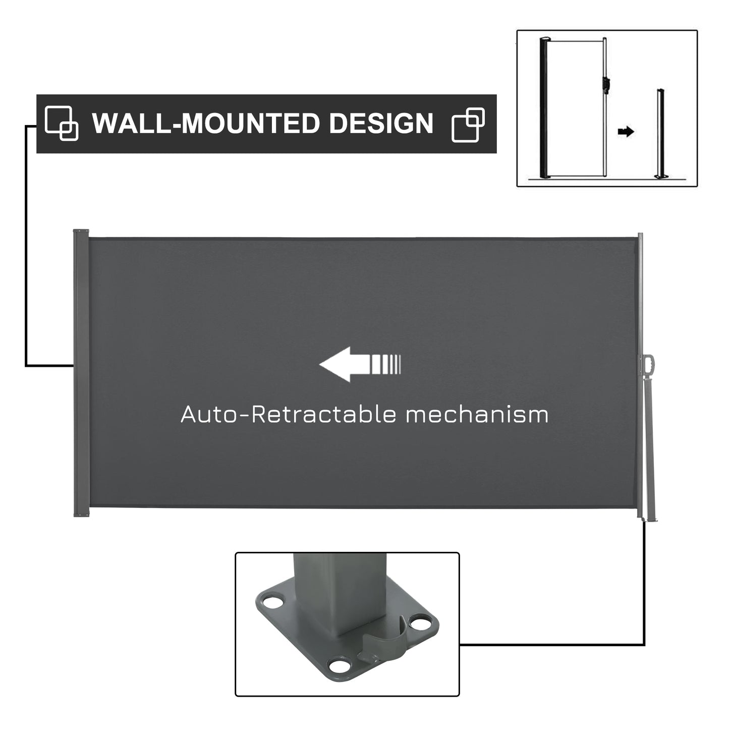 Outsunny Retractable Sun Side Awning Screen Fence Patio Garden Wall Balcony Screening Panel Outdoor Blind Privacy Divider (3x1.6M, Grey)