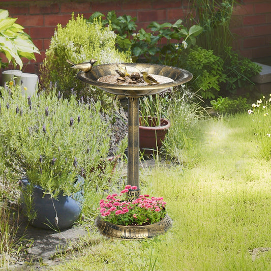 Antyczna ptasia kąpiel Outsunny o wysokości 72 cm do ogrodu, kąpiel dla ptaków w stylu vintage z dekoracją w kształcie ptaka i podstawą na doniczkę, misa do kąpieli dla ptaków na zewnątrz, w odcieniu brązu
