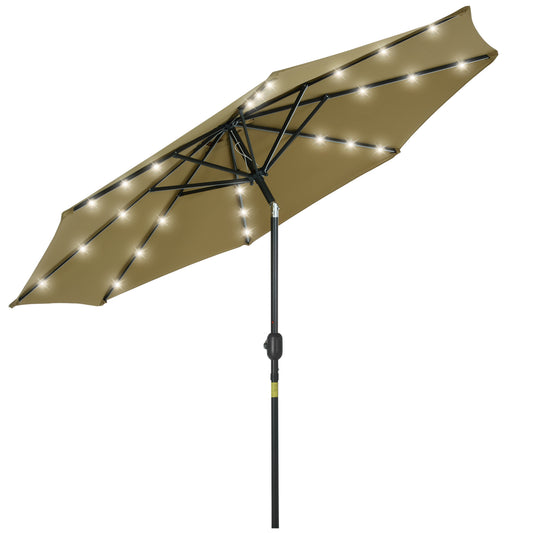 Outsunny 2.7m Patio Garden Umbrella Outdoor Parasol with Tilt Crank and 24 LEDs Lights (Brown)