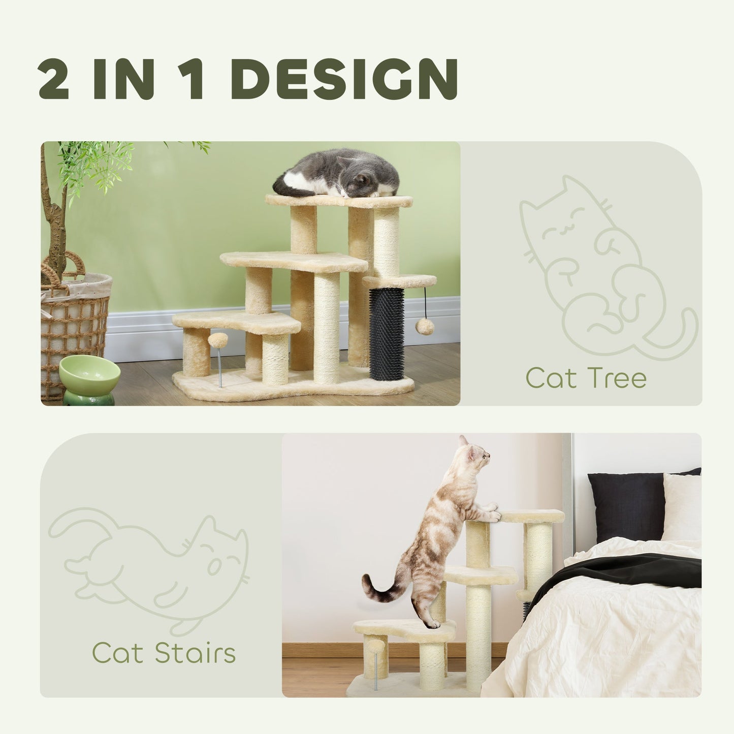 PawHut 2-in-1 Cat Tree, Pet Stairs with Scratching Tickling Post, Toy Balls, for Bed, Sofa, Couch, Beige