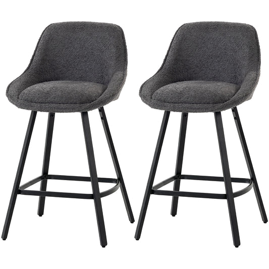 HOMCOM Bar Stools Set of 2, 64 cm Modern Linen-Touch Fabric 360° Swivel Counter Height Bar Chairs, Dark Grey