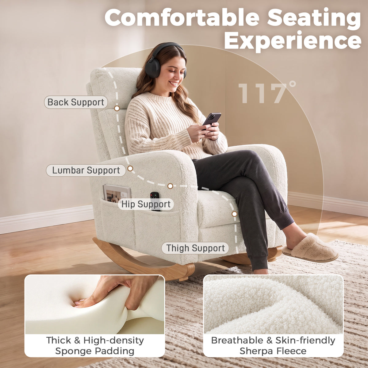 HOMCOM Sherpa Fleece Upholstered Armchair with Side Pockets & Solid Wood Legs, High Back Lounge Chair for Bedroom, Cream White