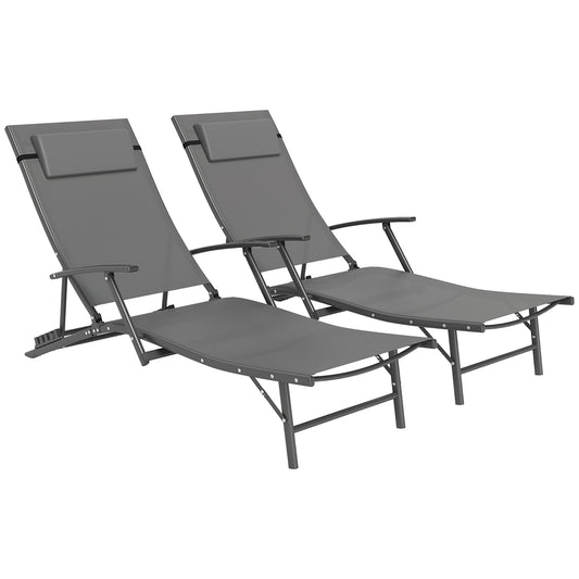 Outsunny Zestaw 2 składanych leżaków do ogrodu, 4 pozycje regulowanych leżaków ogrodowych z podłokietnikami, poduszkami, stalową ramą, leżaki do patio, na plażę i przy basen, szary