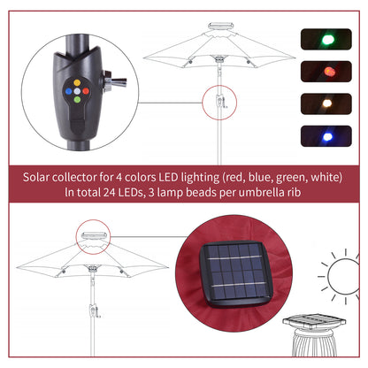 Outsunny â2.7m Garden 24 LED Light Parasol Solar Outdoor Tilt Sun Umbrella Patio Club Party Event Manual Sun Shade w/ Hand Crank and 8 Ribs, Red