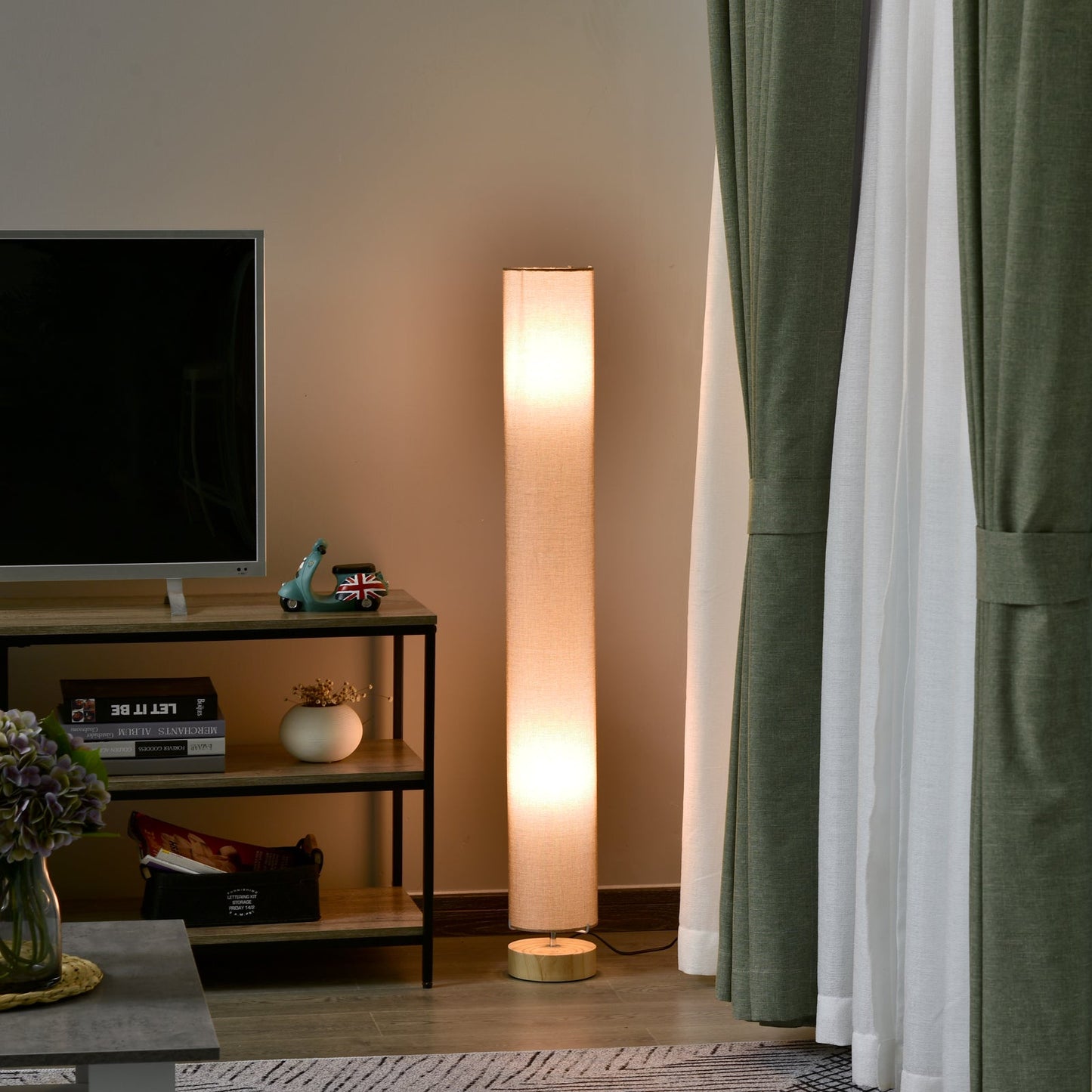 HOMCOM Floor Lamp for Living Room, 120cm Modern Standing Lamp with Linen Shade and Wooden Base, Cream