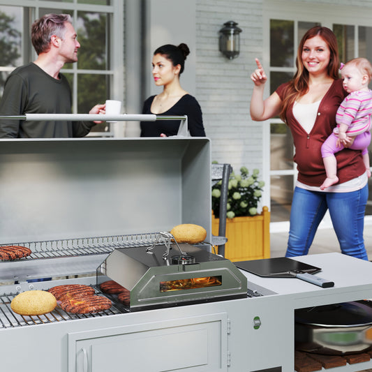 Outsunny 8 cali przenośny grill ze stali nierdzewnej z górnym piecem do pizzy z wbudowanym termometrem i okienkiem do grilli gazowych i węglowych, zawiera uchwyty do przenoszenia, kamień do pizzy i łopatkę, srebrny odcień