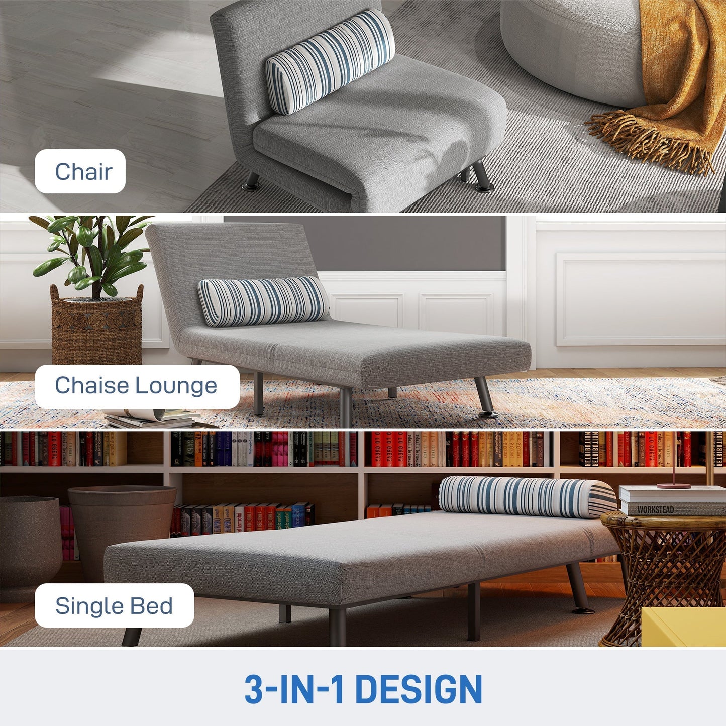 HOMCOM Single Sofa Bed, 1 Person Sleeper Foldable Lounge with Pillow, Grey