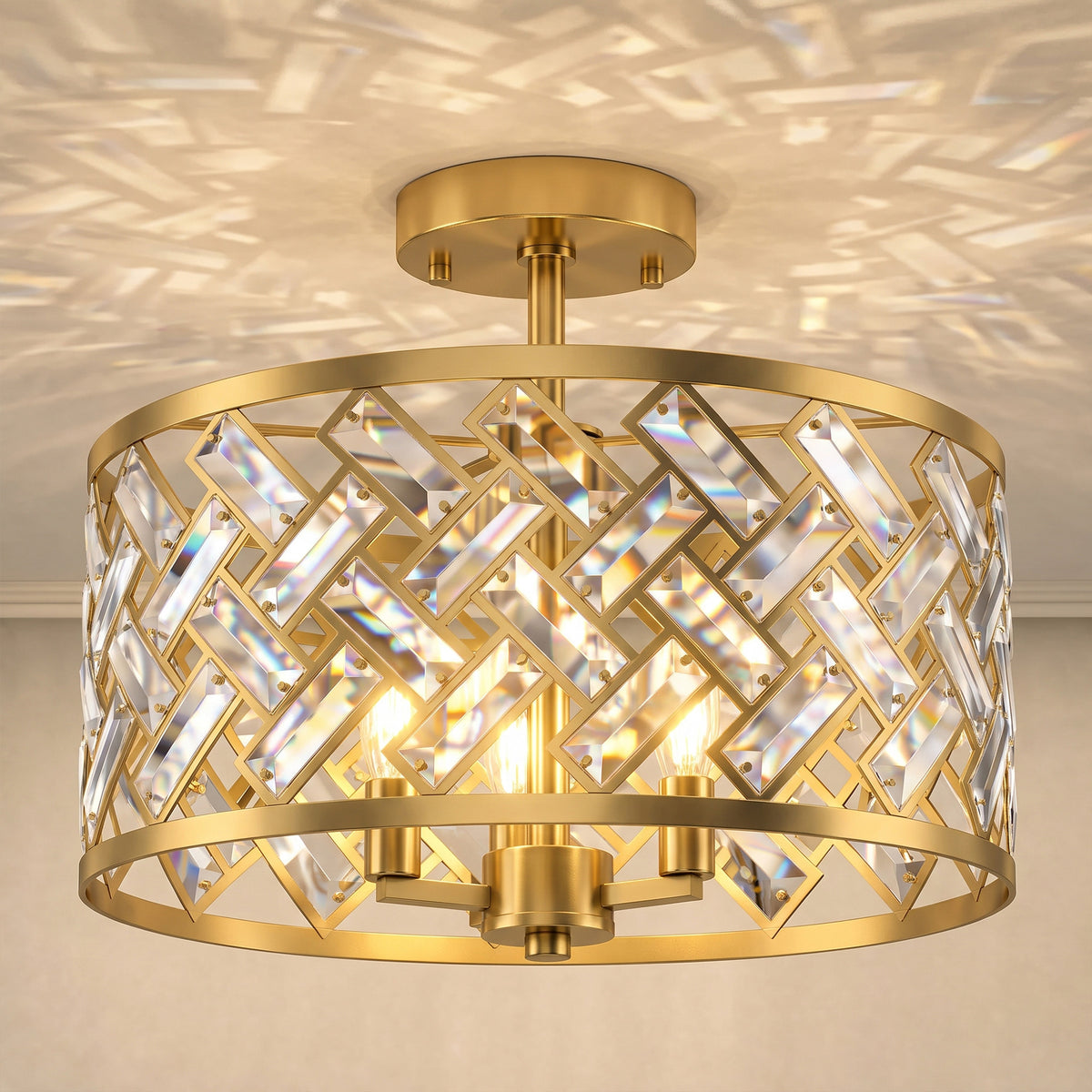 HOMCOM 3-Light Crystal Glass Ceiling Light, Modern Ceiling Lamp w/ 3 E14 Sockets for Living Room, Bulb Not Included, Gold Tone
