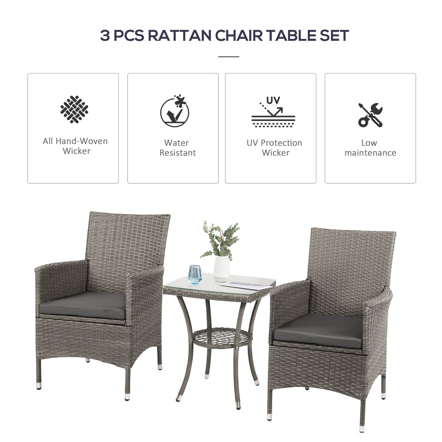 Outsunny 3 Pieces Rattan Bistro Set, Wicker Garden Furniture Set with 2-Tier Coffee Table and Chairs, Washable Cushions, for Outdoor Patio Balcony, Grey