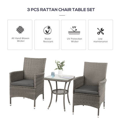 Outsunny 3 Pieces Rattan Bistro Set, Wicker Garden Furniture Set with 2-Tier Coffee Table and Chairs, Washable Cushions, for Outdoor Patio Balcony, Grey