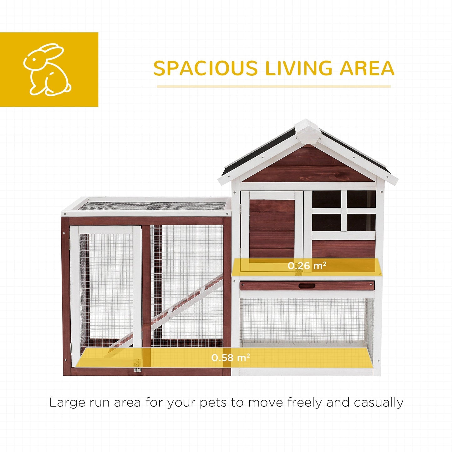 PawHut 122 Wooden Rabbit Hutch Bunny Cage with Waterproof Asphalt Roof, Fun Outdoor Run, Removable Tray and Ramp, Brown