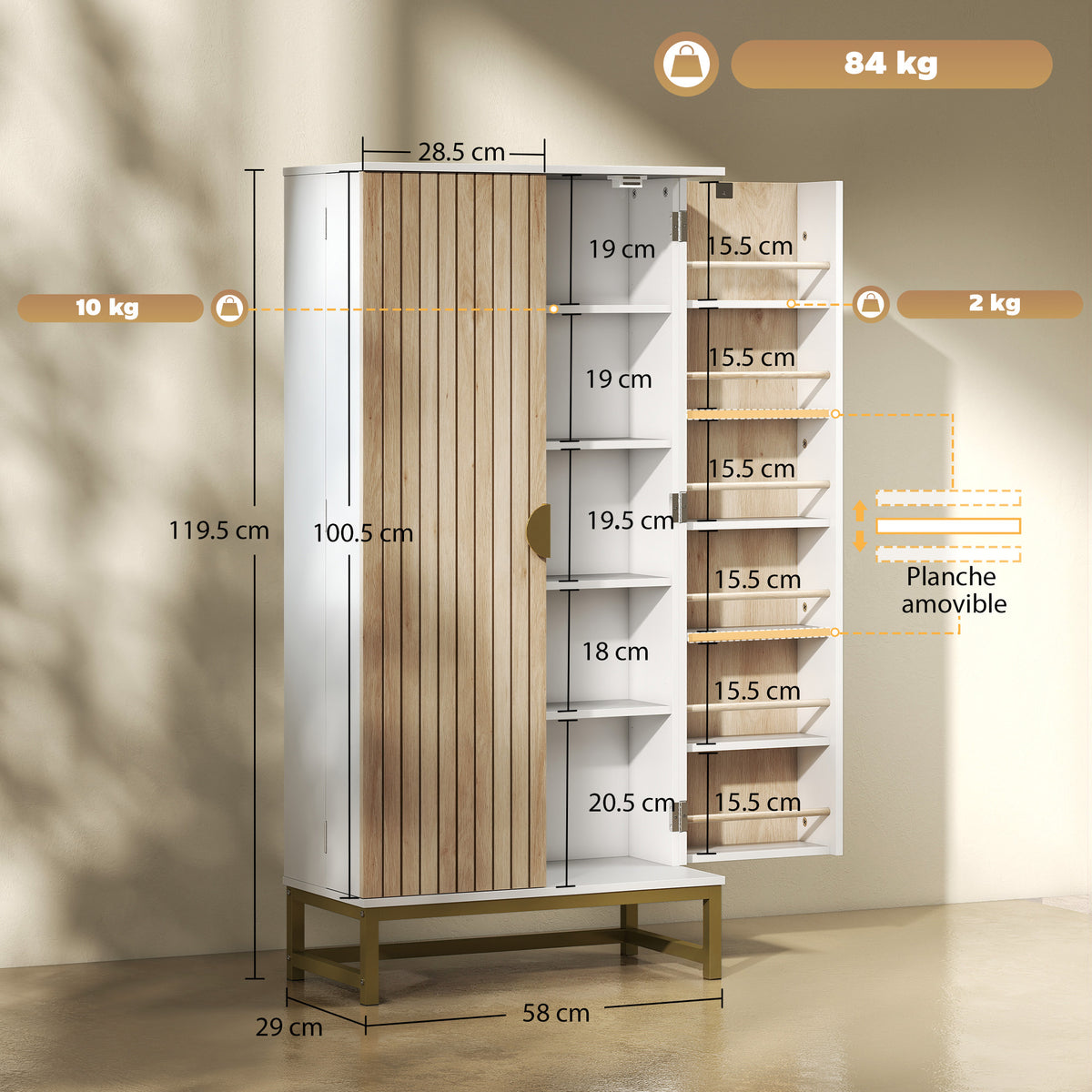HOMCOM 119.5 cm Kitchen Cupboard, Freestanding Kitchen Cabinet with Double Doors, 5 Tiers, 12 Spice Racks, White