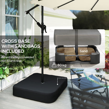 Outsunny 3 m Garden Cantilever Parasol with Cross Base, Sandbag, 360 degrees Rotating Overhanging Banana Umbrella, Cream White