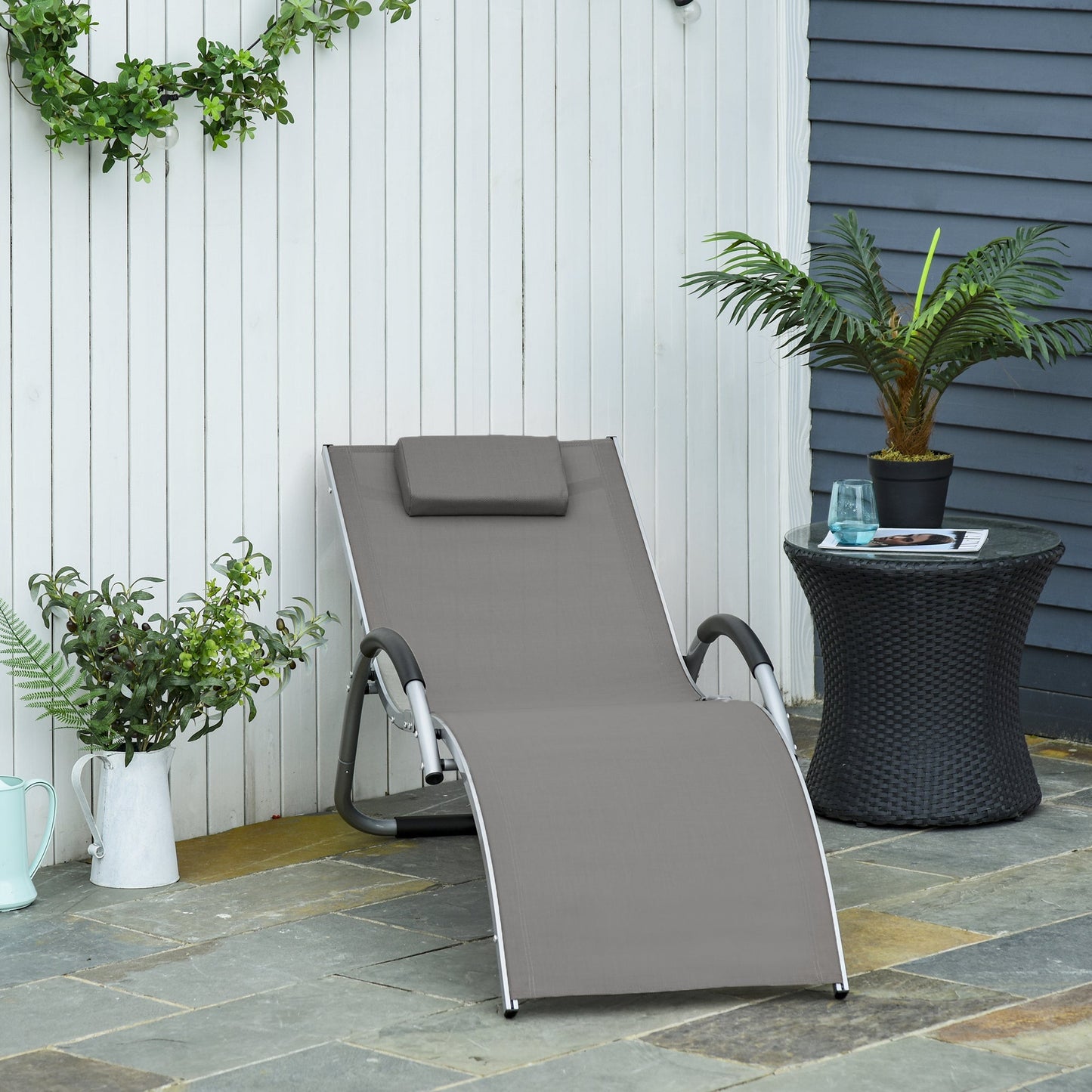 Ergonomic Lounger Chair Portable Armchair with Removable Headrest Pillow for Garden Patio Outside All Aluminium Frame Khaki