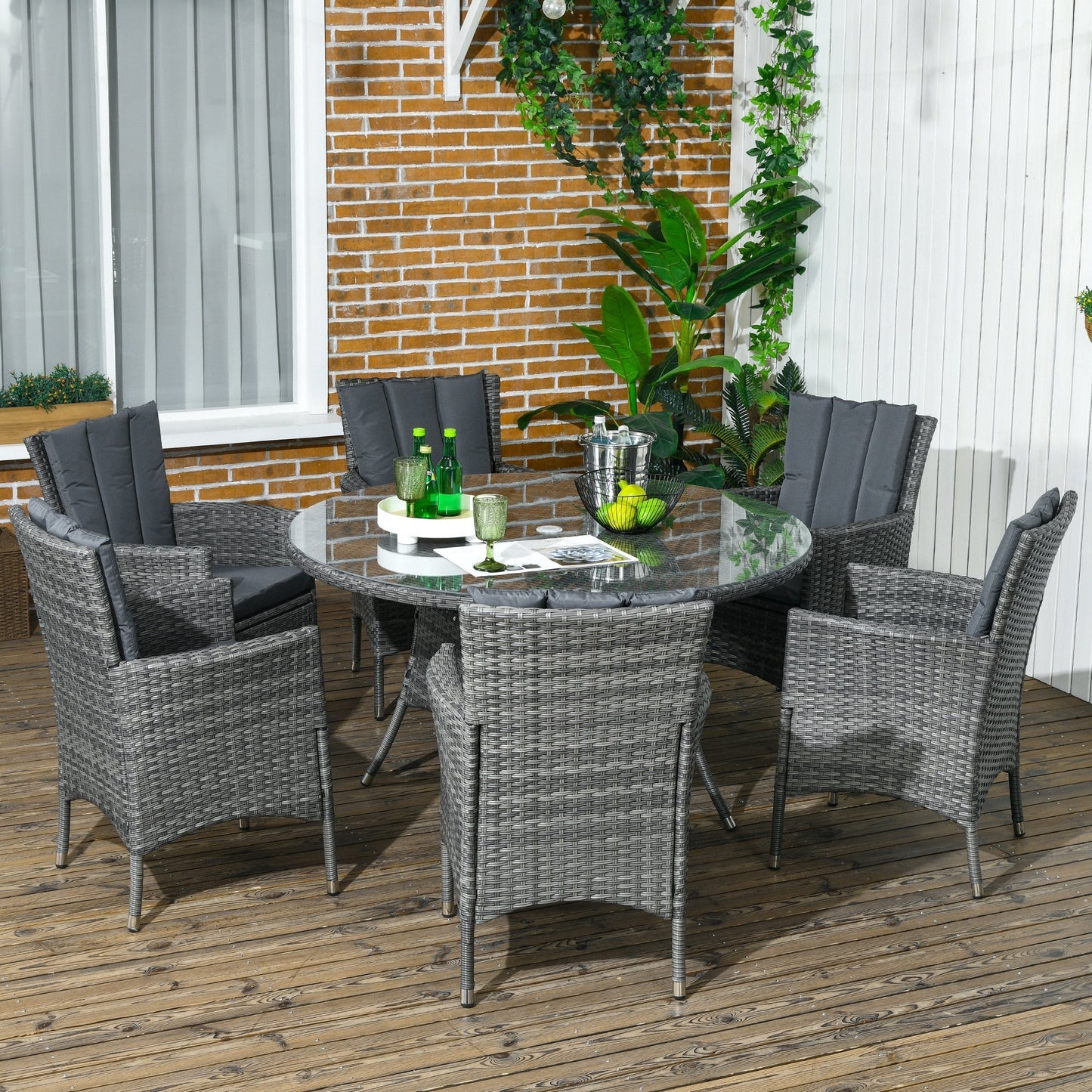 Outsunny 7 Pieces PE Rattan Outdoor Garden Furniture Dining Set With Cushions And Six Armchairs / Tempered Glass Tabletop - Mixed Grey