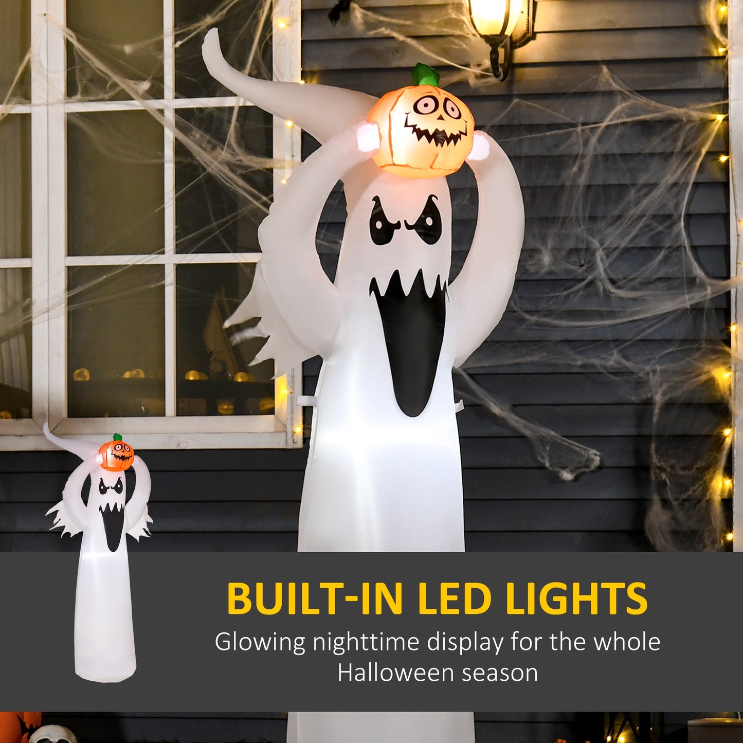 ديكور قابل للنفخ من HOMCOM بطول 6 أقدام و1.8 متر مع إضاءة LED لحفلات الهالوين على شكل شبح ويقطين في الهواء الطلق في الفناء