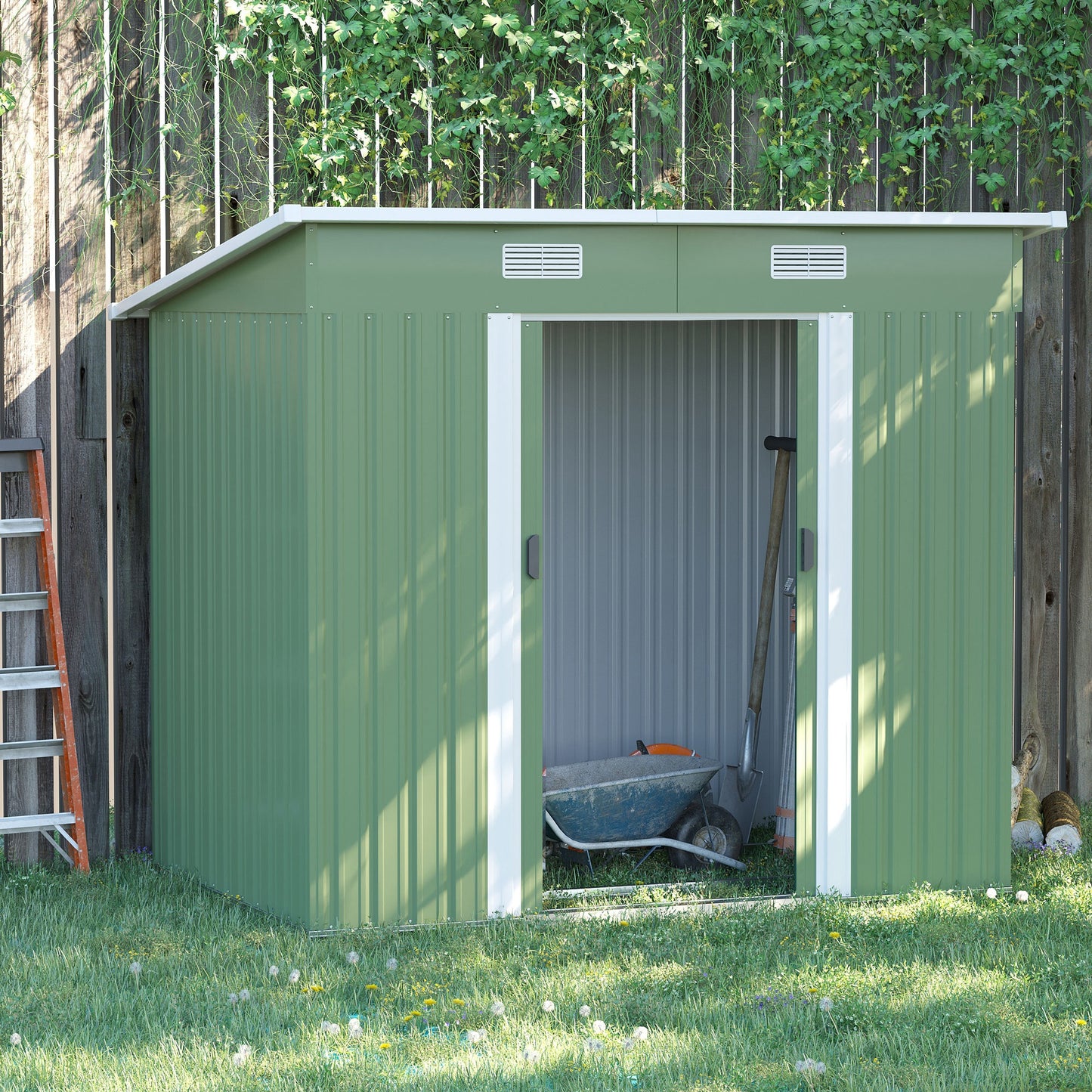Outsunny 7 x 4ft Outdoor Garden Metal Storage Shed, Skrzynia na narzędzia do ogrodu, patio i trawnika, jasnozielona