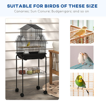 PawHut Metal Bird Cage with Plastic Swing Perch Food Container Tray Handle for Finch Canary Budgie 50.5 x 40 x 63cm Black