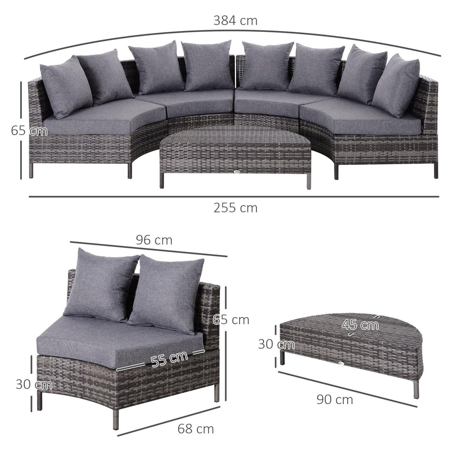 Outsunny 5 Pieces Rattan Garden Furniture Set, 4 Seater Half-Round Garden Sofa Set with Thickened Cushions, Wicker Conservatory Furniture with 4 Chairs, Rattan Coffee Table and Pillows, Grey