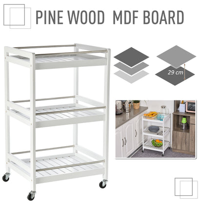 3-Tier Home Trolley Kitchen Storage w/ Steel Bars 4 Wheels Rolling Unit Organiser Living Room White