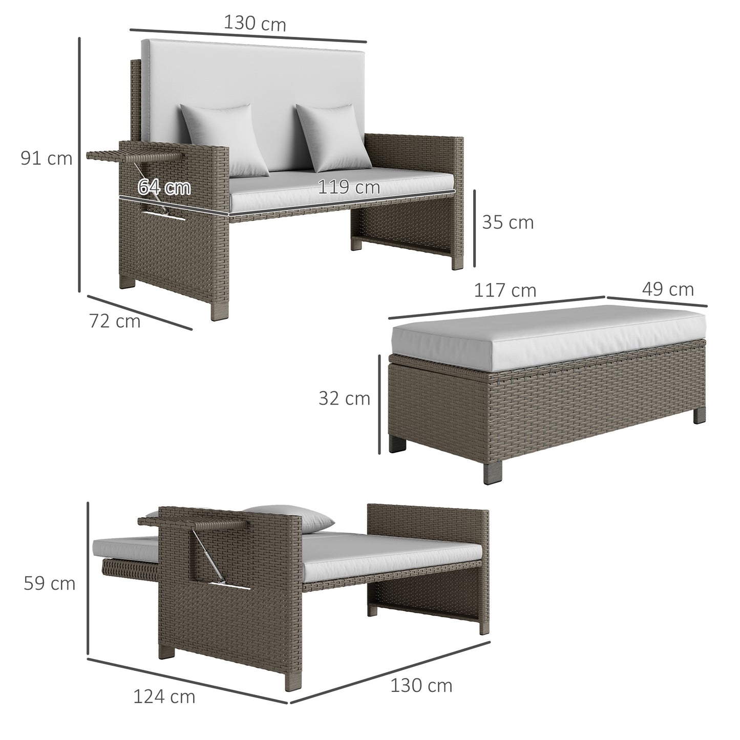 Outsunny Rattan Day Bed, z podnóżkiem - jasnoszary