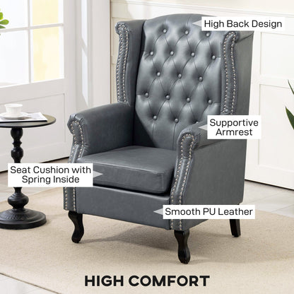 HOMCOM Wingback Accent Chair Tufted Chesterfield-style Armchair with Nail Head Trim for Living Room Bedroom Grey