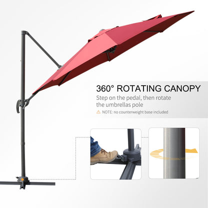 مظلة خارجية من Outsunny Cantilever Roma Parasol Garden Sun Umbrella بدوران 360 درجة مع قاعدة متقاطعة - لون أحمر خمري