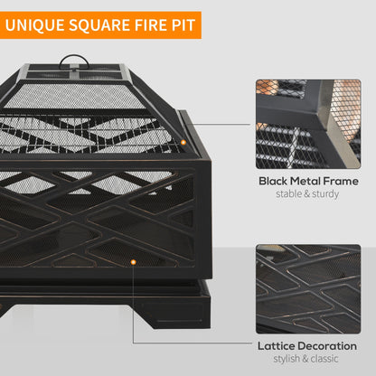 Outsunny 66cm 2 in 1 Square Fire Pit Metal Brazier for Garden, Patio with BBQ Grill Shelf & Spark Screen Cover & Poker, Black