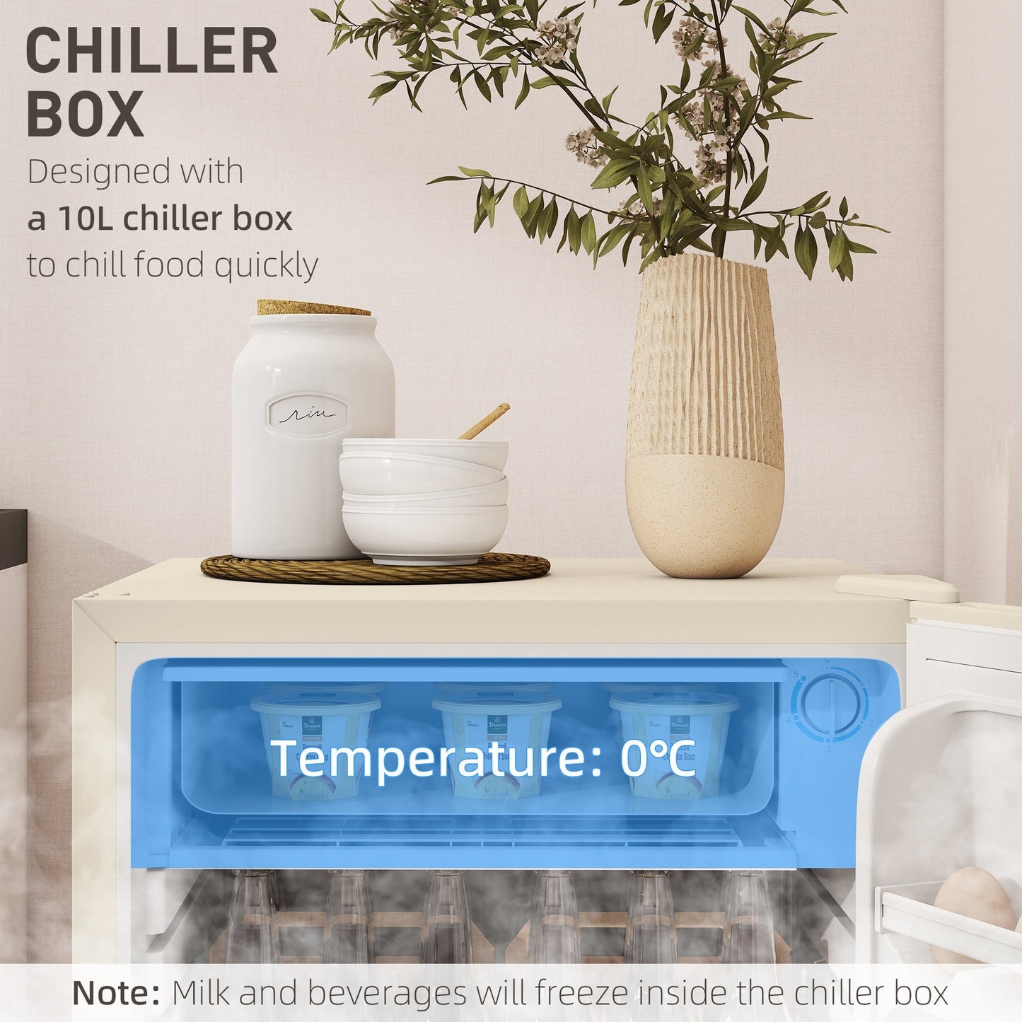 HOMCOM 91 Litre Freestanding Under Counter Fridge Freezer, Small Fridge with Chiller Box, Adjustable Thermostat, 47.5cm Wide, Beige