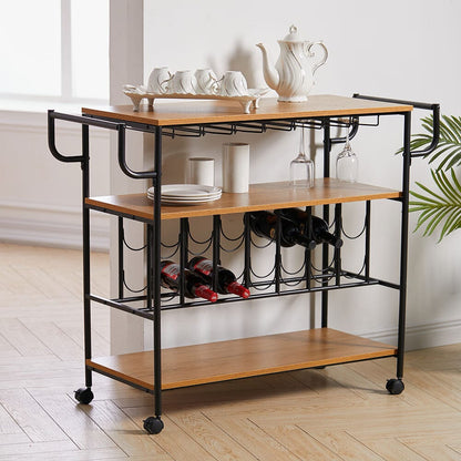 Metallic Rolling Serving Bar Cart with Wine Rack