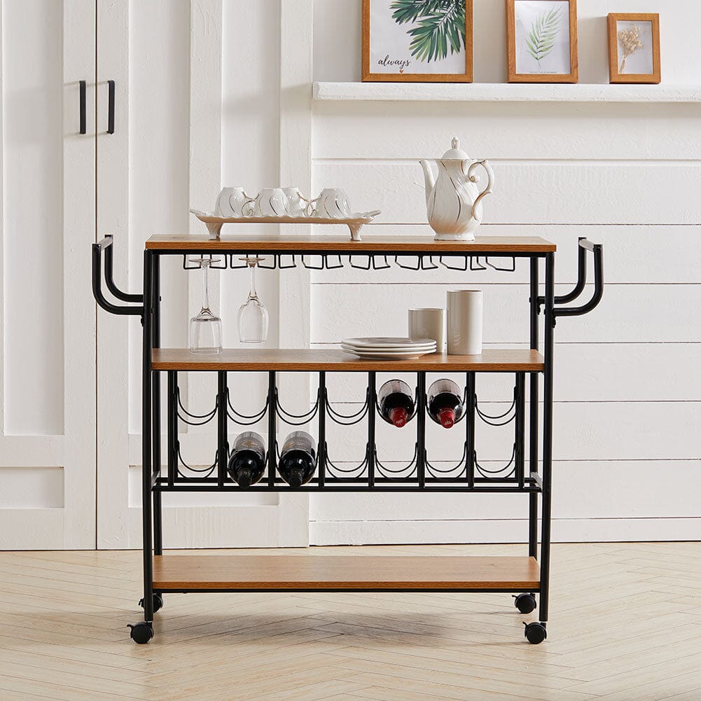 Metallic Rolling Serving Bar Cart with Wine Rack