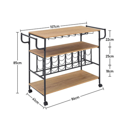 Metallic Rolling Serving Bar Cart with Wine Rack