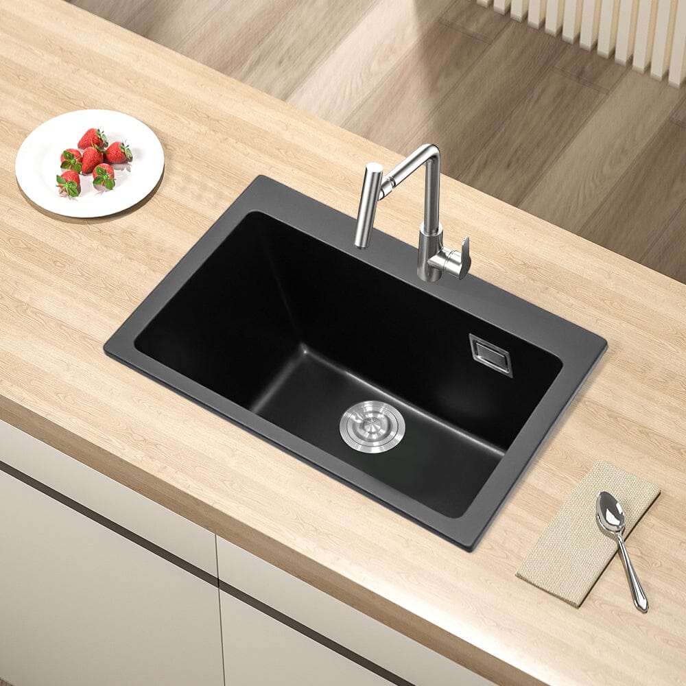 Quartz Undermount Kitchen Sink Single Bowl in Black