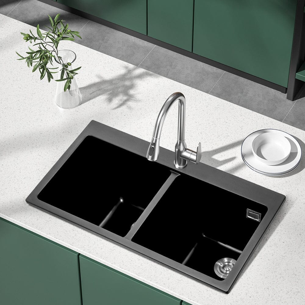 Quartz Undermount Kitchen Sink Double Bowl Black