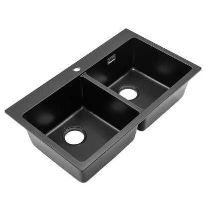 Quartz Undermount Kitchen Sink Double Bowl Black