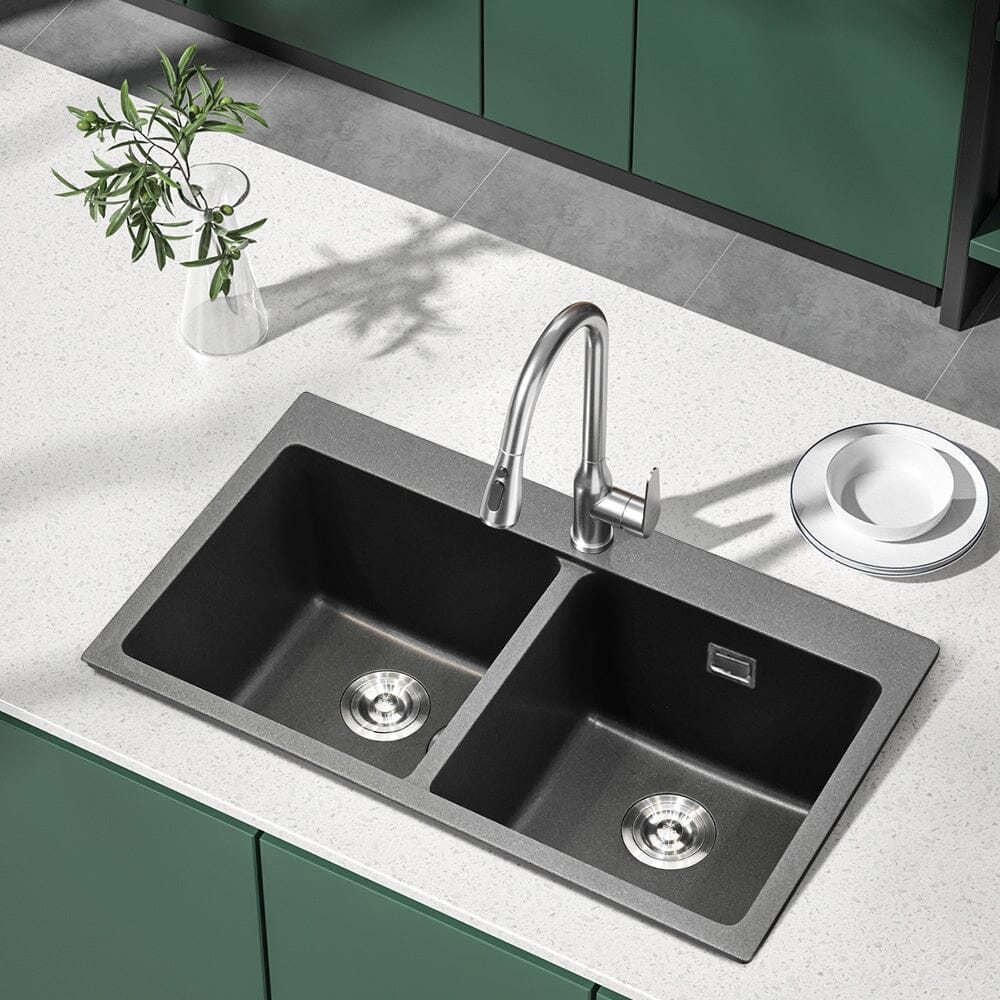 Quartz Undermount Kitchen Sink Double Bowl Black