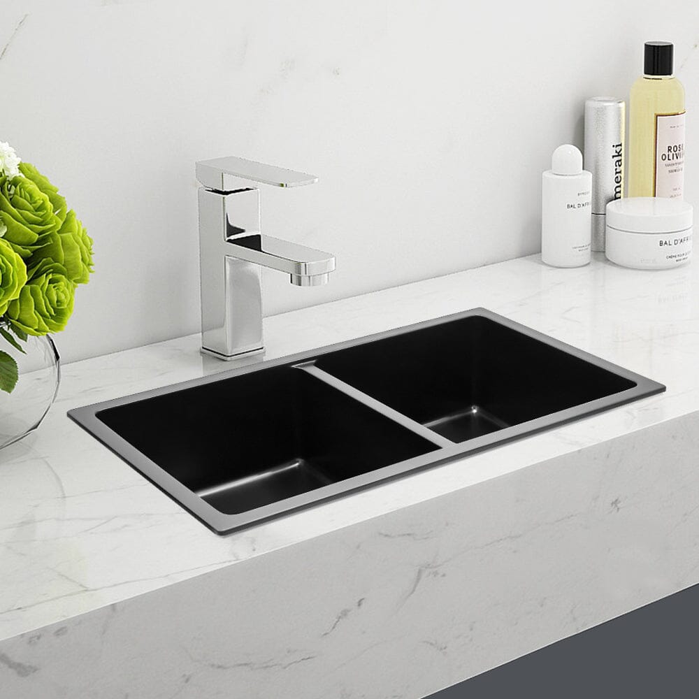 Quartz Undermount Kitchen Sink Double Bowl Black/Grey