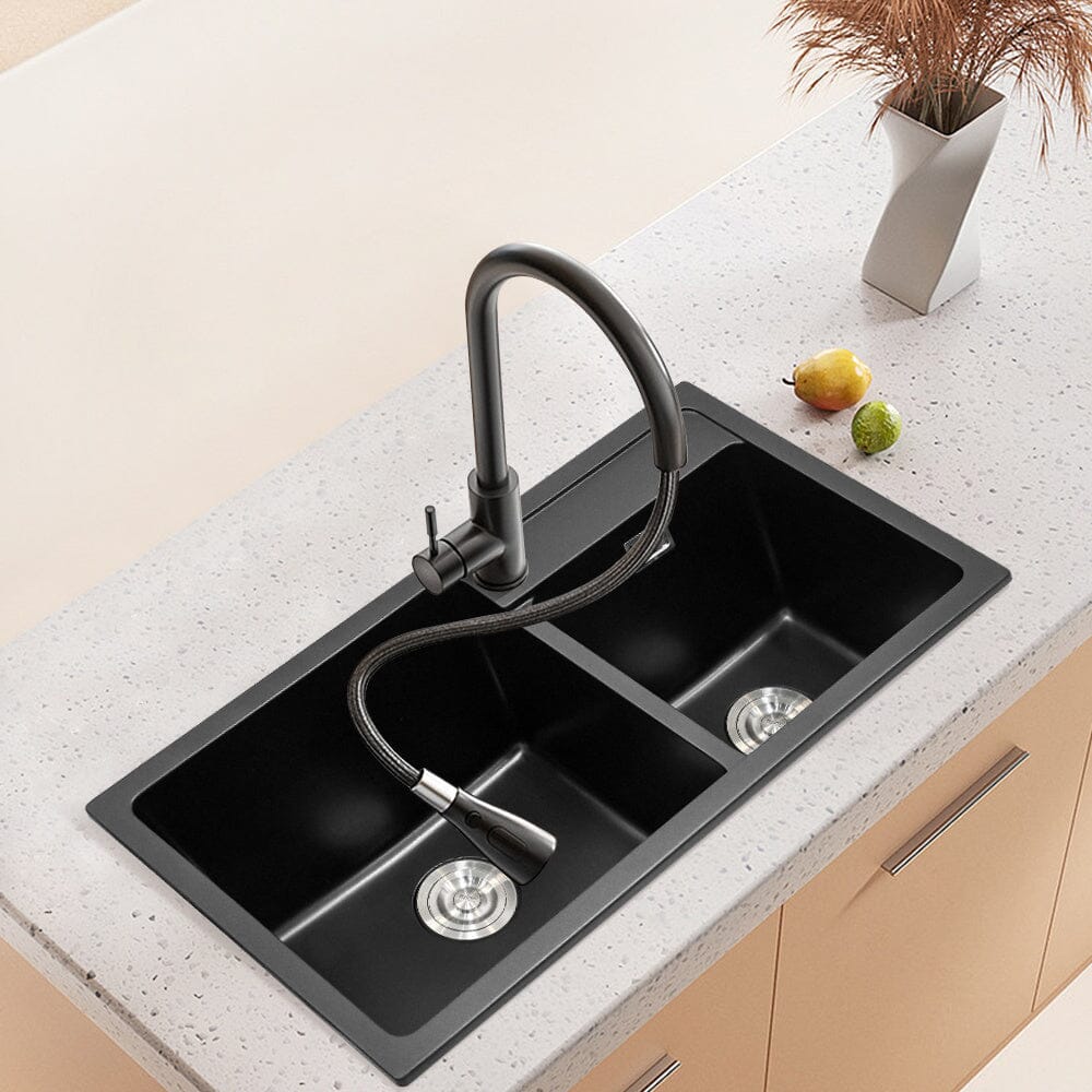 Undermount Double Bowl Quartz Kitchen Sink Black