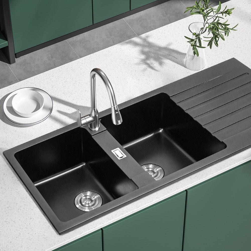 Quartz Undermount Double Bowl Kitchen Sink with Drainboard