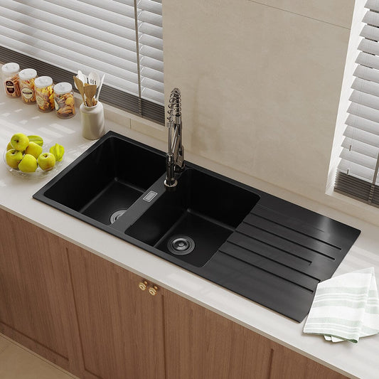 Quartz Undermount Double Bowl Kitchen Sink with Drainboard