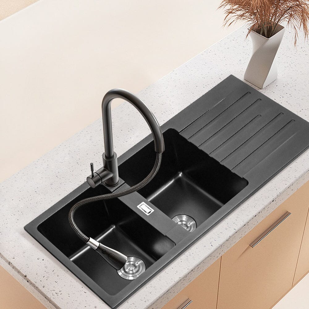 Quartz Undermount Double Bowl Kitchen Sink with Drainboard