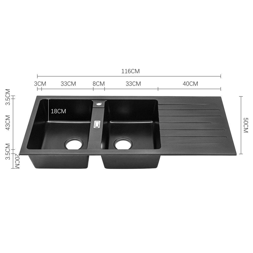 Quartz Undermount Double Bowl Kitchen Sink with Drainboard